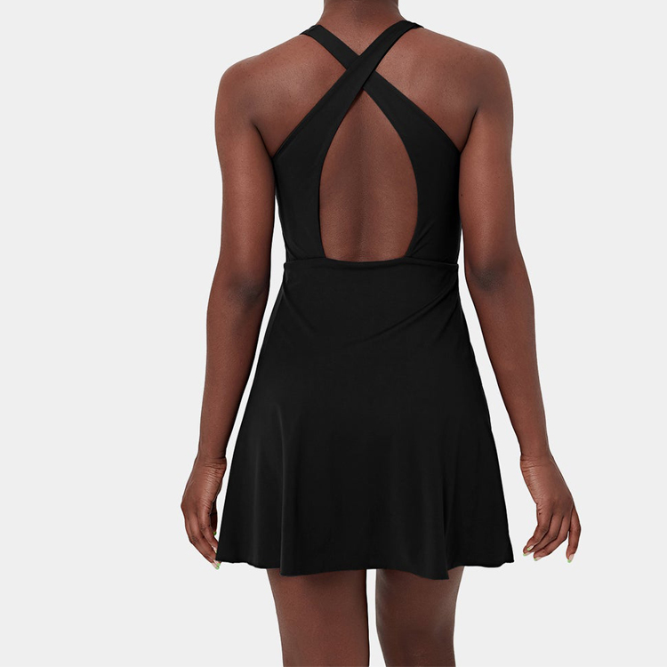 Fashion Design Gym Tennis Skirts U-Neck Cross Key Hole Back Women Activity Tennis Dress detail pictures