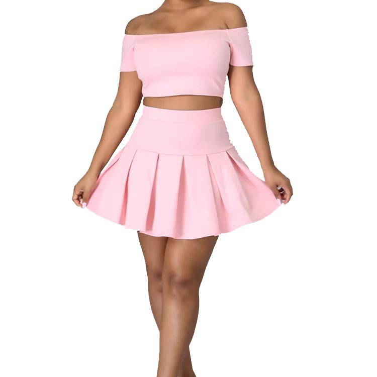 Factory Hot Sell Two Pieces Off Shoulder Crop Top Women Pleated Tennis Skirts Set detail pictures