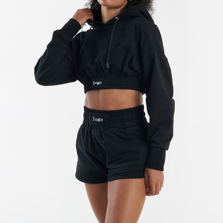 50 Cotton 50 Polyester Custom Crop Hoodies Shorts Women Sweatsuit Set Tracksuit detail pictures