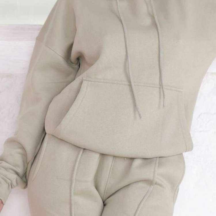 Custom Logo 100% Cotton Women Loose Fit Blank Hoodie Jogger Tracksuit Set detail pictures
