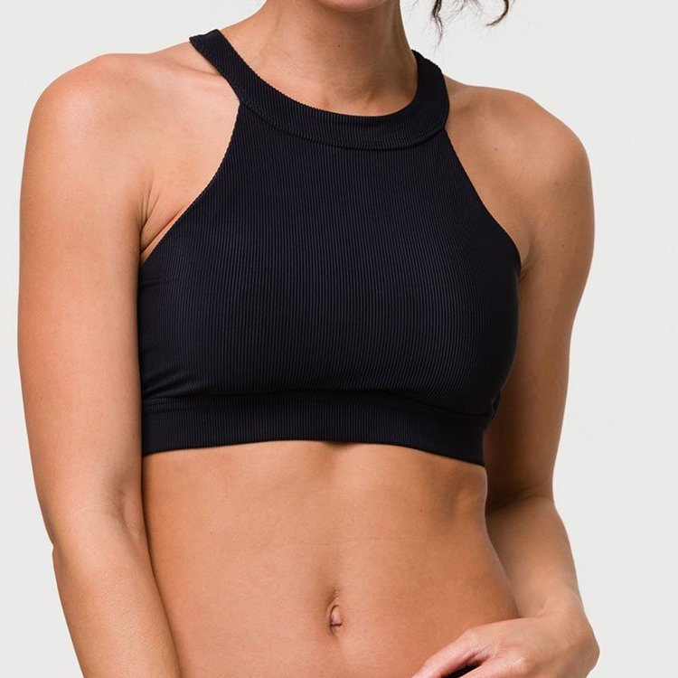 New Arrivals Lightweight High Neck Built In Padded Rib Sports Bra For Women
