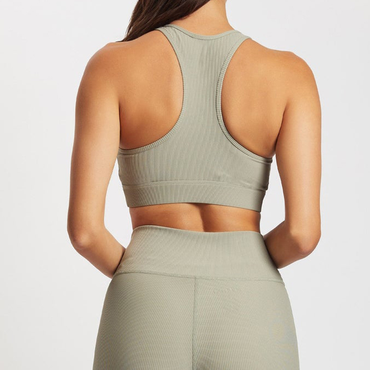New Design Four Way Stretch Fitness Sports Wear Custom Racer Back Women Ribbed Yoga Bra detail pictures