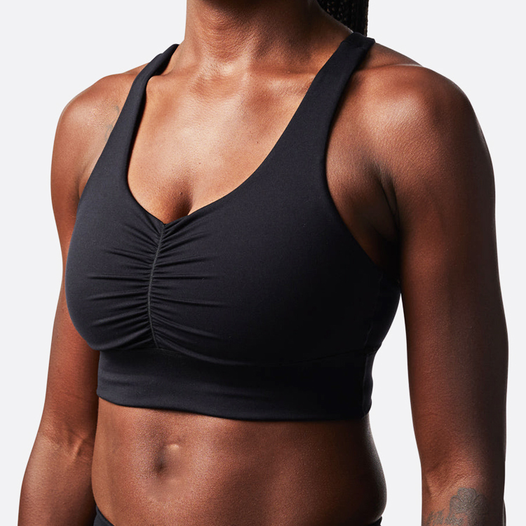 High Quality Back Phone Pocket Front Ruched Push Up Sports Yoga Bra For Women detail pictures