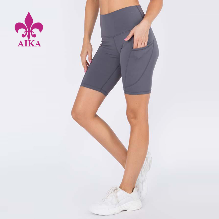 Wholesale Custom Stretchable High Waist Classic Yoga Biker Shorts With Pockets For Women detail pictures
