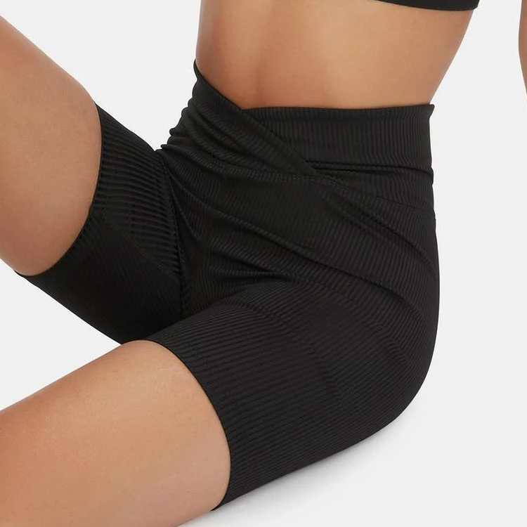 Custom Logo High Waist Ribbed V Cut Waistband Nylon Gym Yoga Biker Shorts For Women detail pictures