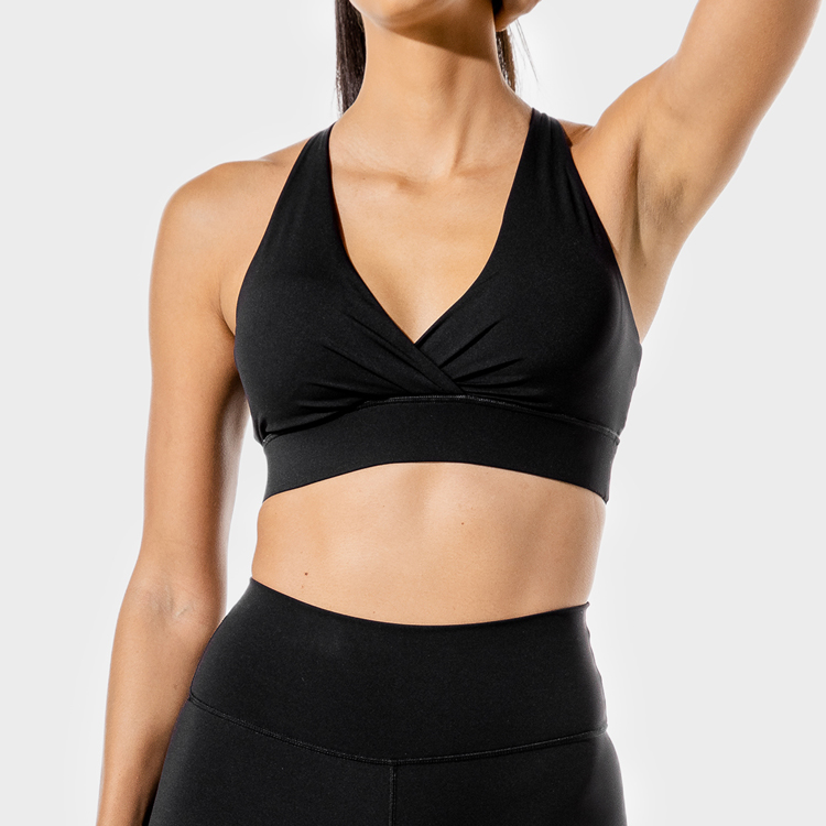 High Rise Four Way Stretch Nylon V Neck Adjustable Strap Women Wrap Sports Yoga Bra detail pictures