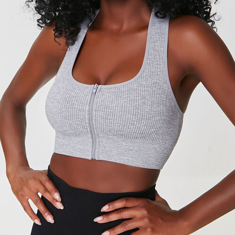 High Impact Custom Logo Front Zip Seamless Racer Back Ribbed Sports Bra For Women