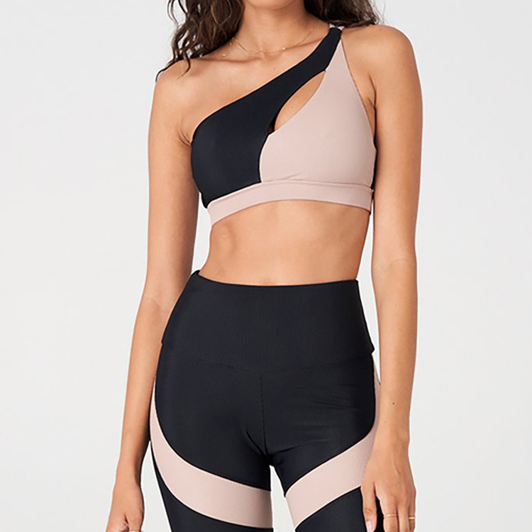 Wholesale Sexy Front Hollow Out Color Block One Shoulder Push Up Women Yoga Sports Bra detail pictures