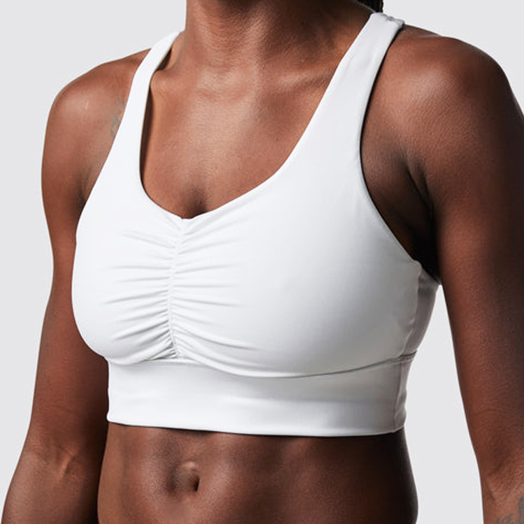 High Quality Back Phone Pocket Front Ruched Push Up Sports Yoga Bra For Women detail pictures