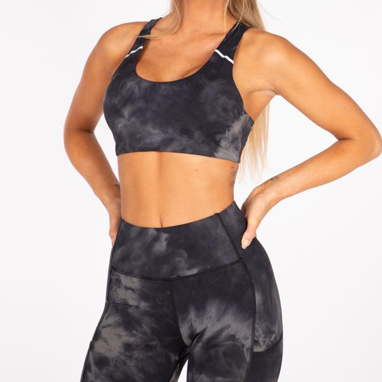 Fashion Trendy Custom Nylon Cross Strappy Tie Dye Push Up Yoga Bra For Women detail pictures
