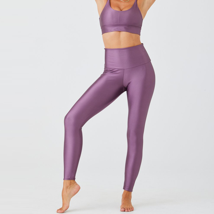 Wholesale High Rise Polyester Shiny High Waist Yoga Legging Pants Custom Logo For Women detail pictures