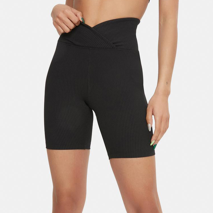 Custom Logo High Waist Ribbed V Cut Waistband Nylon Gym Yoga Biker Shorts For Women