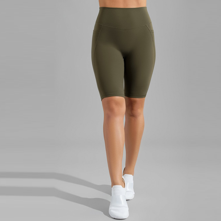 High Stretch Polyester No Front Seam Pocket Biker Yoga Shorts Custom Logo For Women detail pictures
