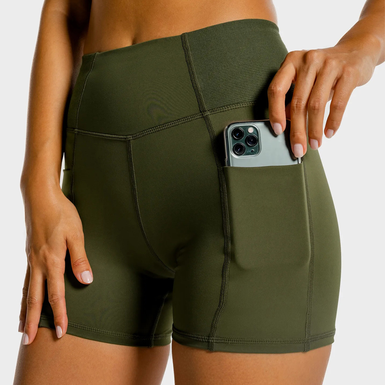 OEM Logo Breathable Ribbed Waist Workout Women Sports Yoga Shorts With Side Pockets detail pictures