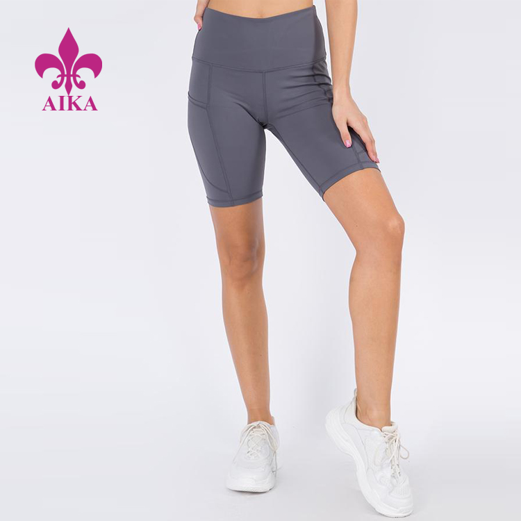Wholesale Custom Stretchable High Waist Classic Yoga Biker Shorts With Pockets For Women detail pictures