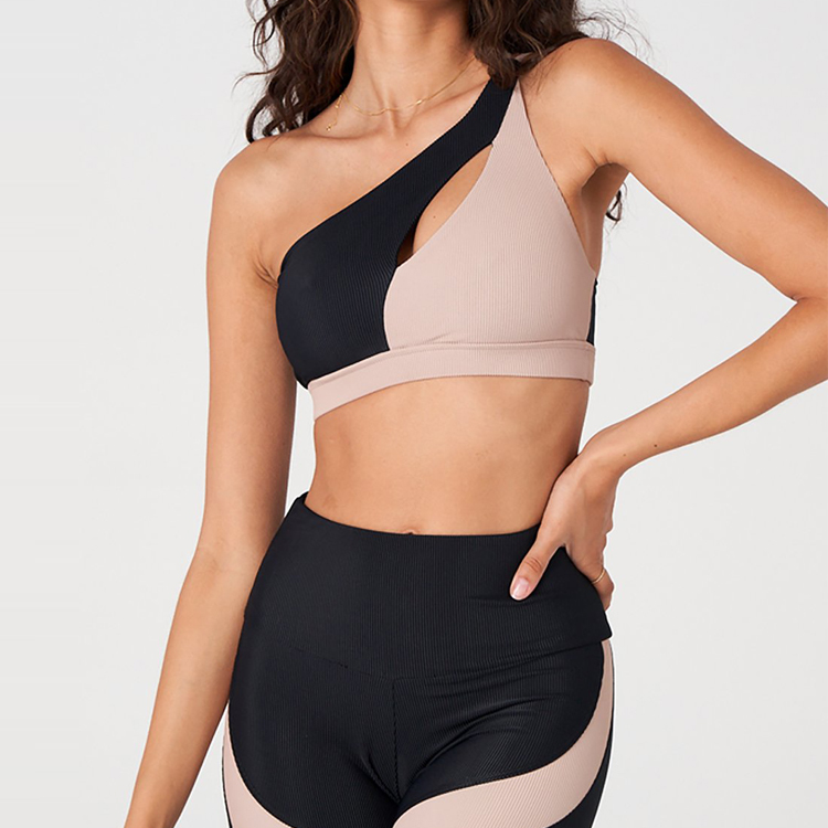 Wholesale Sexy Front Hollow Out Color Block One Shoulder Push Up Women Yoga Sports Bra