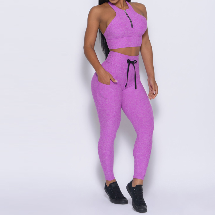 Four Way Stretch Custom Two Piece Yoga Fitness Suit Scrunched Butt Women Yoga Set detail pictures